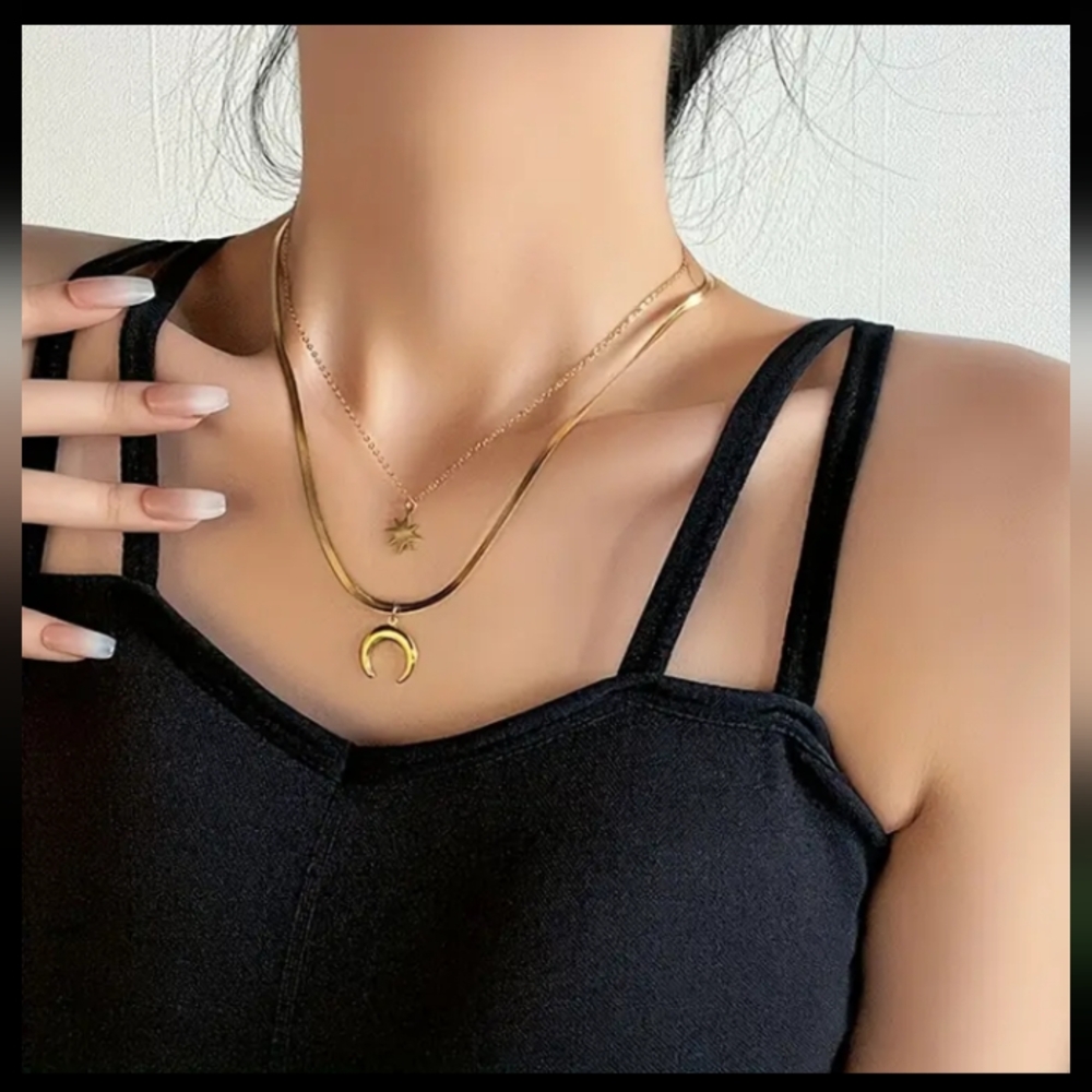Gold Double Layered Moon Star Necklace